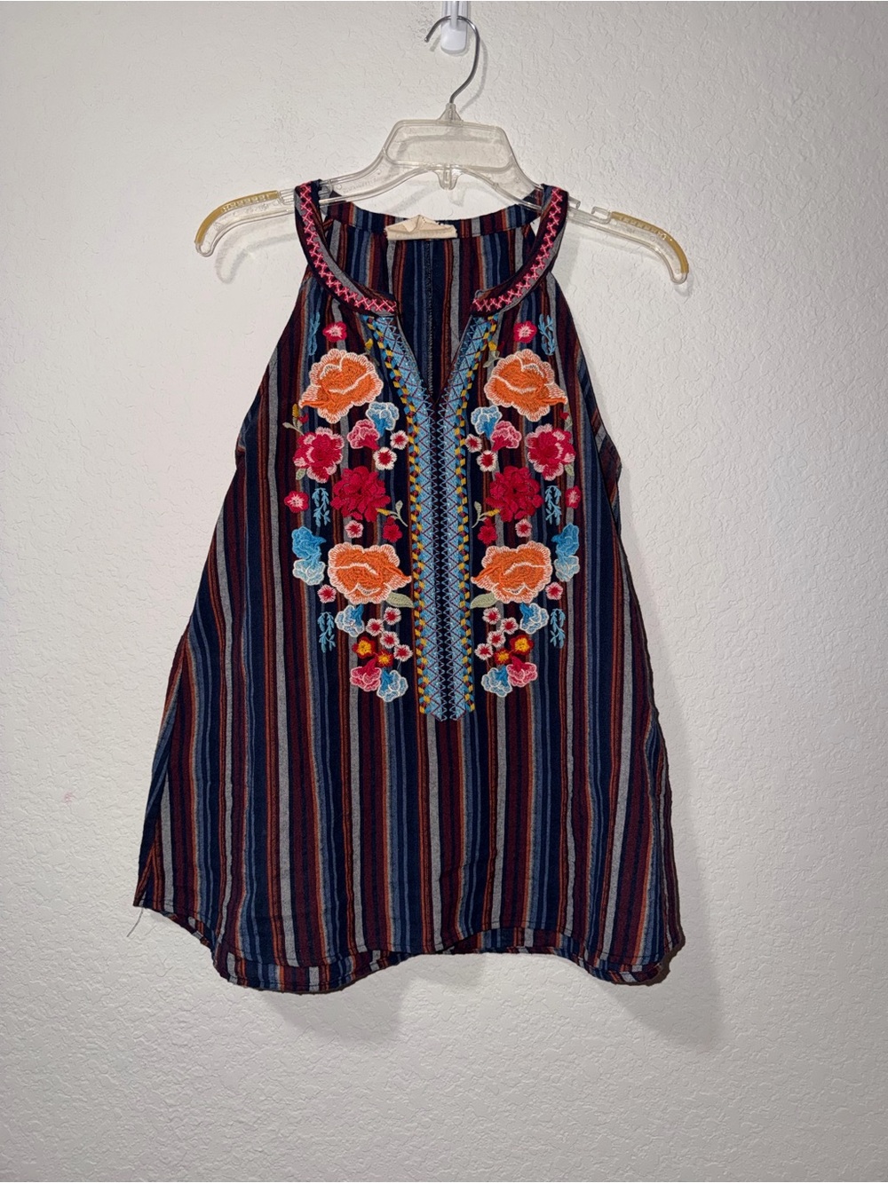 Savanna Jane Multi-Stripe Halter Top with Bright Floral Embroidery
